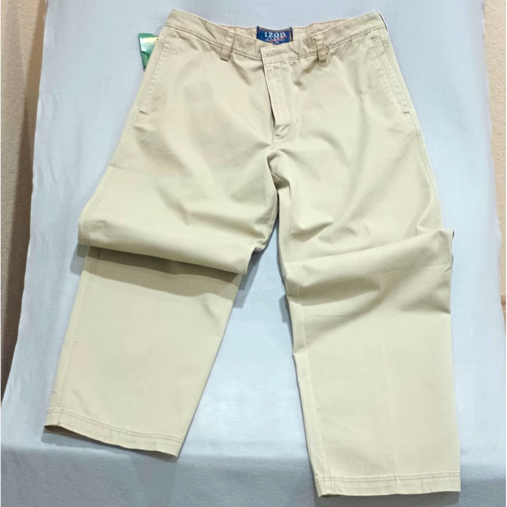 IZOD Men Beige Twill Casual Pants Metrix Fit Flat Front 38x32 Rock Washed